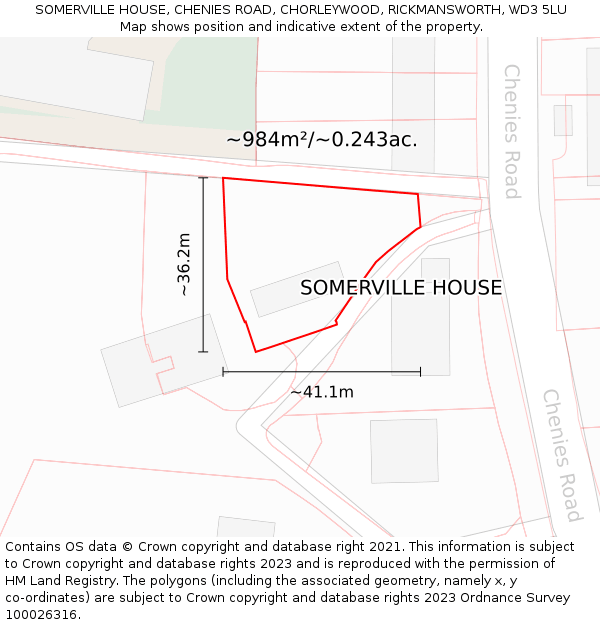 SOMERVILLE HOUSE, CHENIES ROAD, CHORLEYWOOD, RICKMANSWORTH, WD3 5LU: Plot and title map