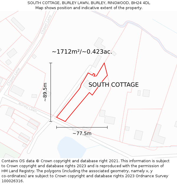 SOUTH COTTAGE, BURLEY LAWN, BURLEY, RINGWOOD, BH24 4DL: Plot and title map