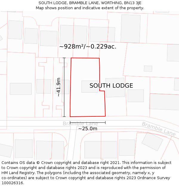 SOUTH LODGE, BRAMBLE LANE, WORTHING, BN13 3JE: Plot and title map