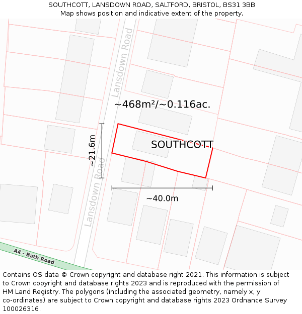 SOUTHCOTT, LANSDOWN ROAD, SALTFORD, BRISTOL, BS31 3BB: Plot and title map