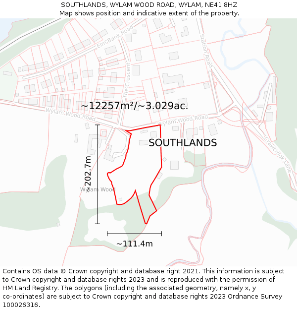 SOUTHLANDS, WYLAM WOOD ROAD, WYLAM, NE41 8HZ: Plot and title map