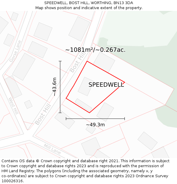 SPEEDWELL, BOST HILL, WORTHING, BN13 3DA: Plot and title map