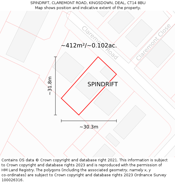 SPINDRIFT, CLAREMONT ROAD, KINGSDOWN, DEAL, CT14 8BU: Plot and title map