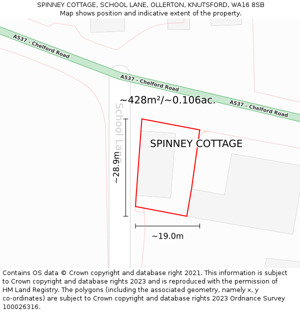 SPINNEY COTTAGE, SCHOOL LANE, OLLERTON, KNUTSFORD, WA16 8SB: Plot and title map