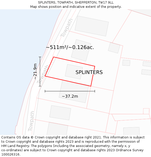 SPLINTERS, TOWPATH, SHEPPERTON, TW17 9LL: Plot and title map