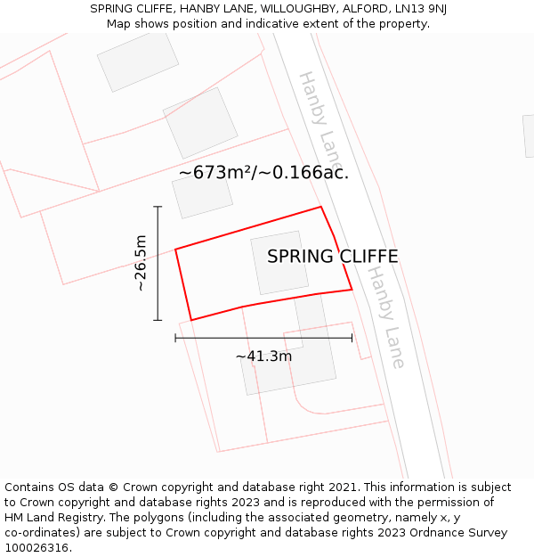 SPRING CLIFFE, HANBY LANE, WILLOUGHBY, ALFORD, LN13 9NJ: Plot and title map