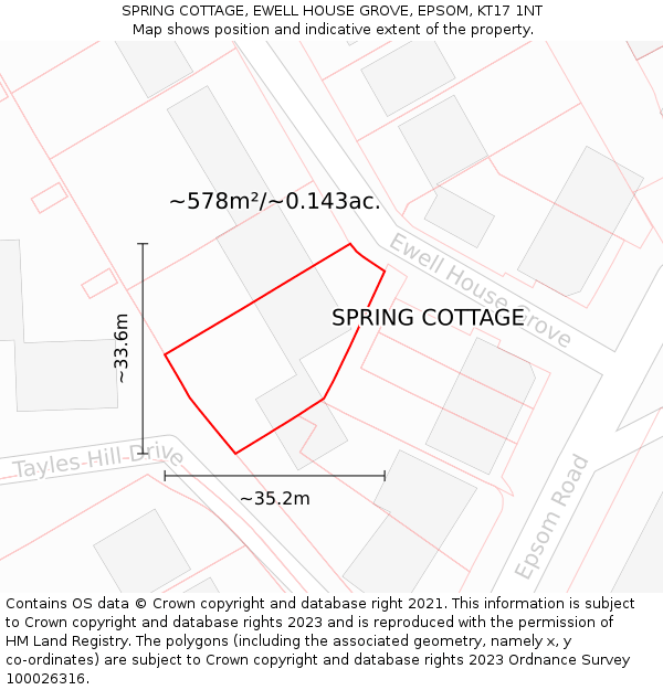 SPRING COTTAGE, EWELL HOUSE GROVE, EPSOM, KT17 1NT: Plot and title map