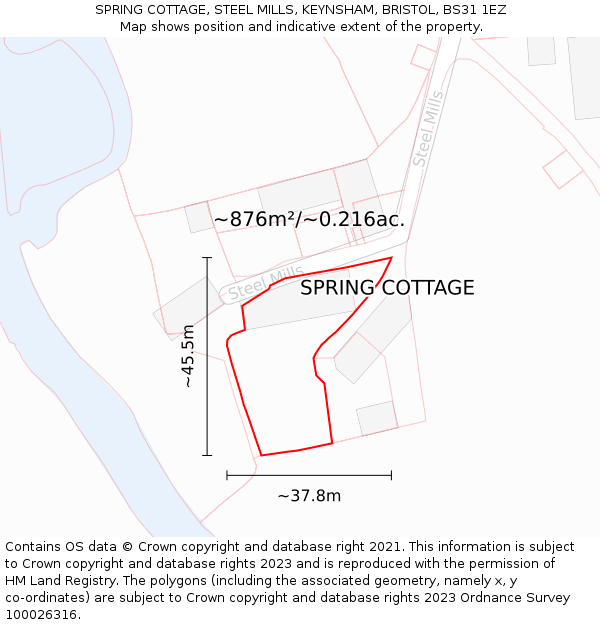 SPRING COTTAGE, STEEL MILLS, KEYNSHAM, BRISTOL, BS31 1EZ: Plot and title map