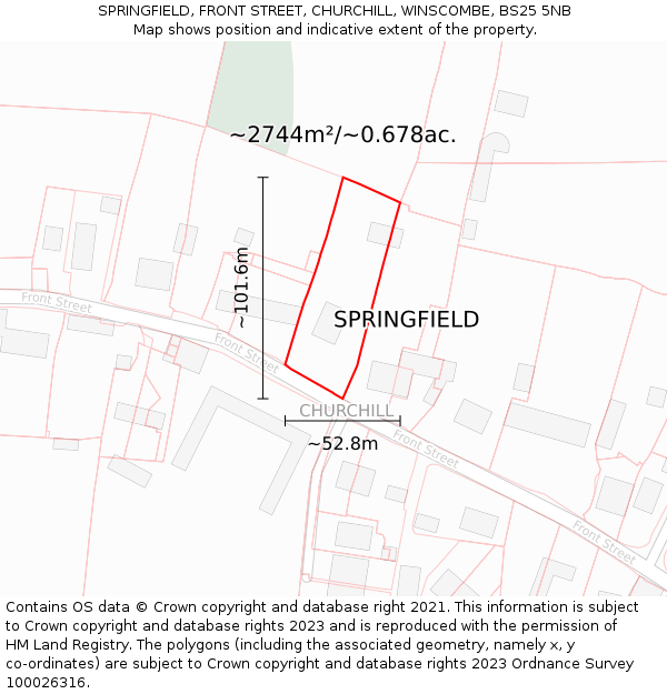 SPRINGFIELD, FRONT STREET, CHURCHILL, WINSCOMBE, BS25 5NB: Plot and title map