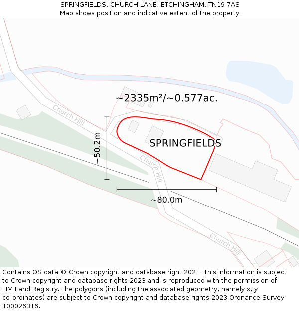 SPRINGFIELDS, CHURCH LANE, ETCHINGHAM, TN19 7AS: Plot and title map