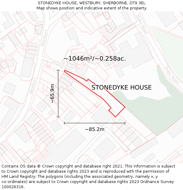 STONEDYKE HOUSE, WESTBURY, SHERBORNE, DT9 3EL: Plot and title map