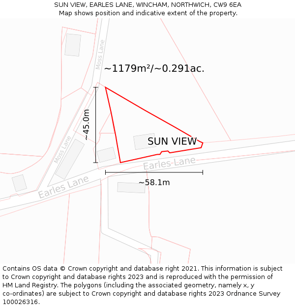 SUN VIEW, EARLES LANE, WINCHAM, NORTHWICH, CW9 6EA: Plot and title map