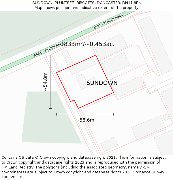 SUNDOWN, PLUMTREE, BIRCOTES, DONCASTER, DN11 8EN: Plot and title map