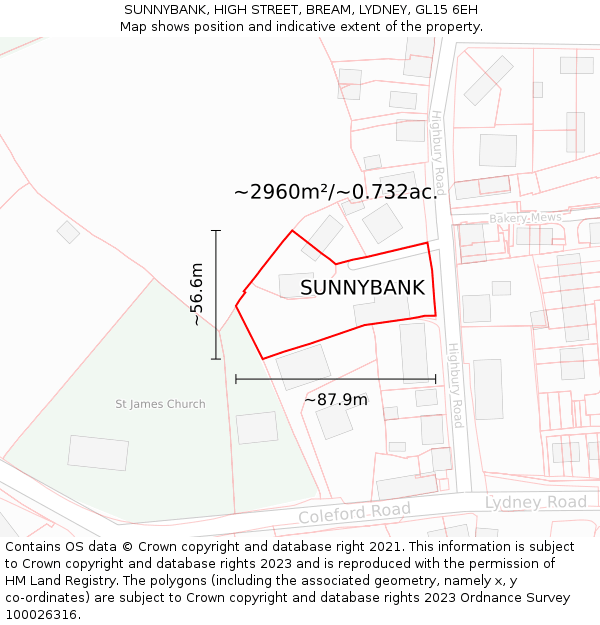 SUNNYBANK, HIGH STREET, BREAM, LYDNEY, GL15 6EH: Plot and title map