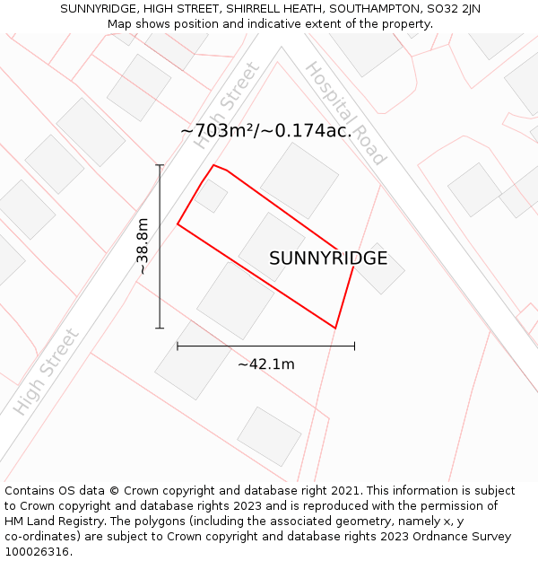 SUNNYRIDGE, HIGH STREET, SHIRRELL HEATH, SOUTHAMPTON, SO32 2JN: Plot and title map