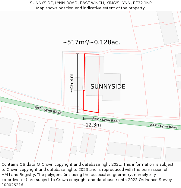 SUNNYSIDE, LYNN ROAD, EAST WINCH, KING'S LYNN, PE32 1NP: Plot and title map