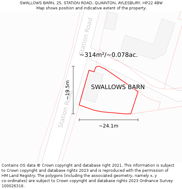 SWALLOWS BARN, 25, STATION ROAD, QUAINTON, AYLESBURY, HP22 4BW: Plot and title map