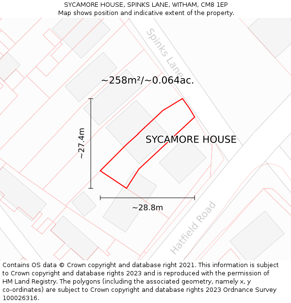 SYCAMORE HOUSE, SPINKS LANE, WITHAM, CM8 1EP: Plot and title map