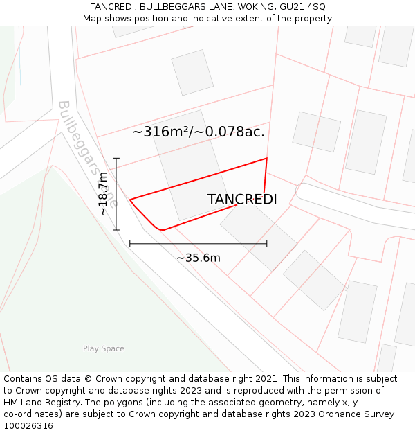 TANCREDI, BULLBEGGARS LANE, WOKING, GU21 4SQ: Plot and title map