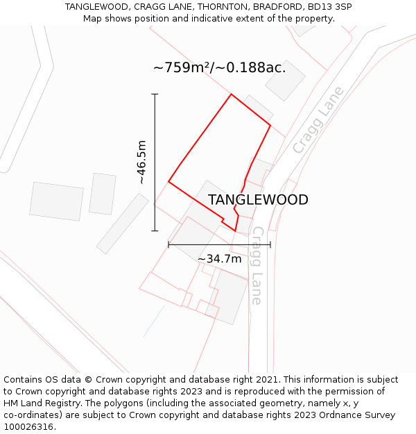 TANGLEWOOD, CRAGG LANE, THORNTON, BRADFORD, BD13 3SP: Plot and title map
