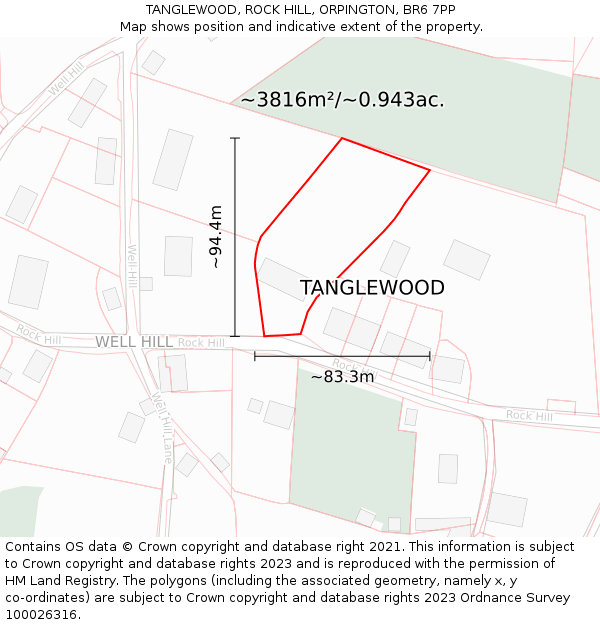 TANGLEWOOD, ROCK HILL, ORPINGTON, BR6 7PP: Plot and title map