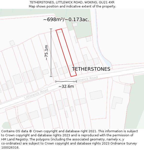 TETHERSTONES, LITTLEWICK ROAD, WOKING, GU21 4XR: Plot and title map