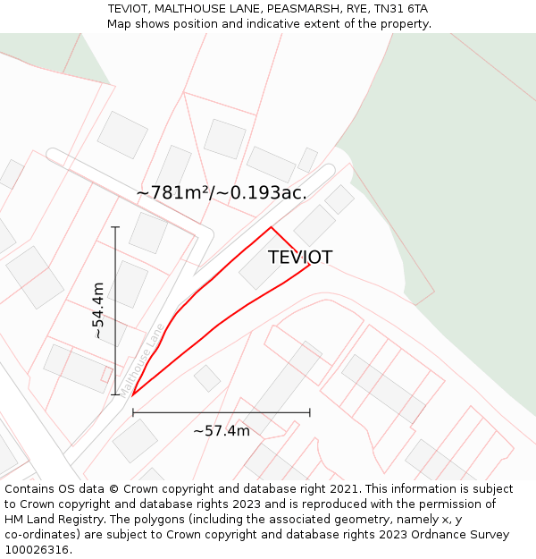 TEVIOT, MALTHOUSE LANE, PEASMARSH, RYE, TN31 6TA: Plot and title map