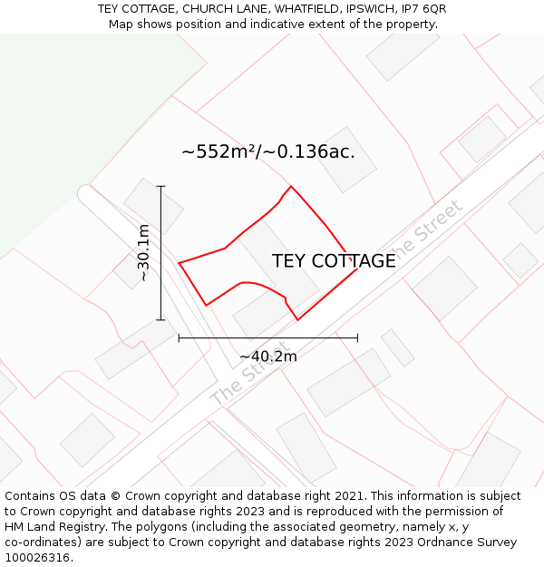 TEY COTTAGE, CHURCH LANE, WHATFIELD, IPSWICH, IP7 6QR: Plot and title map