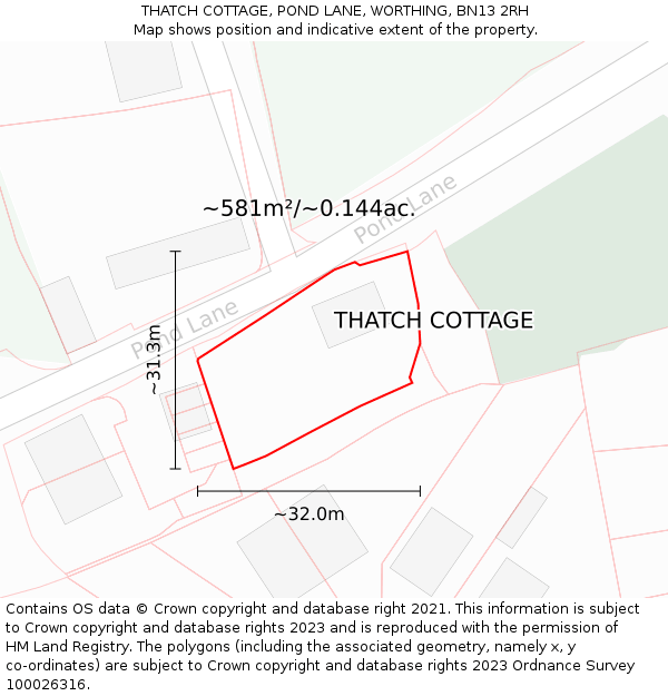 THATCH COTTAGE, POND LANE, WORTHING, BN13 2RH: Plot and title map