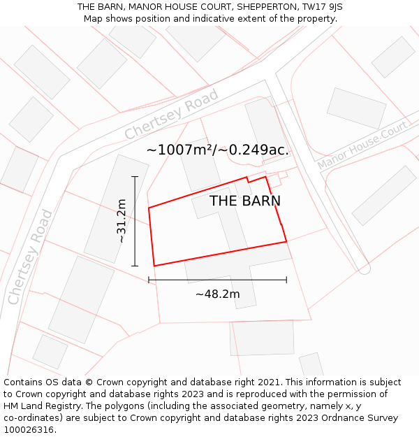 THE BARN, MANOR HOUSE COURT, SHEPPERTON, TW17 9JS: Plot and title map