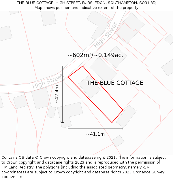 THE BLUE COTTAGE, HIGH STREET, BURSLEDON, SOUTHAMPTON, SO31 8DJ: Plot and title map