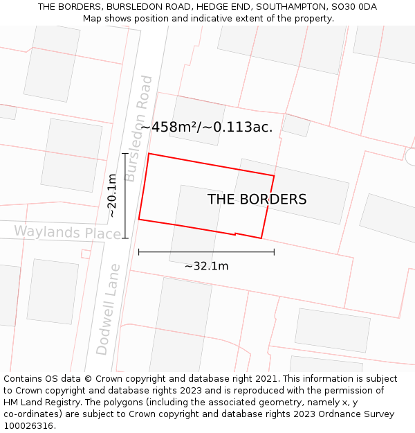 THE BORDERS, BURSLEDON ROAD, HEDGE END, SOUTHAMPTON, SO30 0DA: Plot and title map