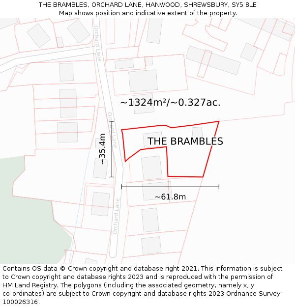 THE BRAMBLES, ORCHARD LANE, HANWOOD, SHREWSBURY, SY5 8LE: Plot and title map