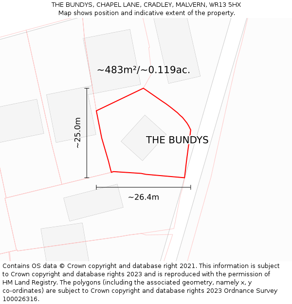 THE BUNDYS, CHAPEL LANE, CRADLEY, MALVERN, WR13 5HX: Plot and title map