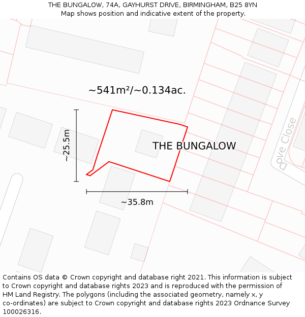 THE BUNGALOW, 74A, GAYHURST DRIVE, BIRMINGHAM, B25 8YN: Plot and title map