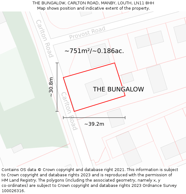 THE BUNGALOW, CARLTON ROAD, MANBY, LOUTH, LN11 8HH: Plot and title map