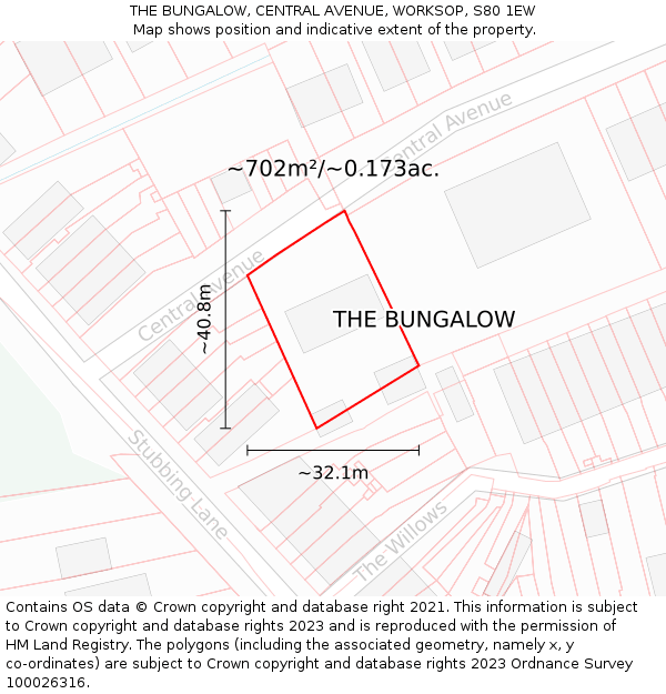 THE BUNGALOW, CENTRAL AVENUE, WORKSOP, S80 1EW: Plot and title map
