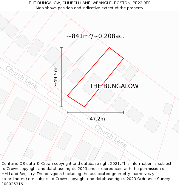 THE BUNGALOW, CHURCH LANE, WRANGLE, BOSTON, PE22 9EP: Plot and title map