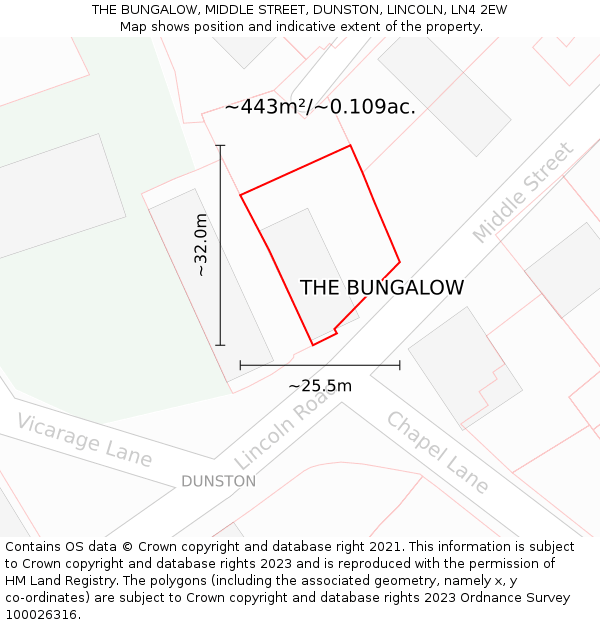THE BUNGALOW, MIDDLE STREET, DUNSTON, LINCOLN, LN4 2EW: Plot and title map