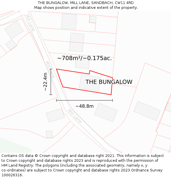 THE BUNGALOW, MILL LANE, SANDBACH, CW11 4RD: Plot and title map