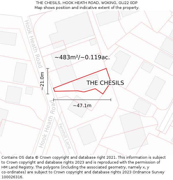 THE CHESILS, HOOK HEATH ROAD, WOKING, GU22 0DP: Plot and title map