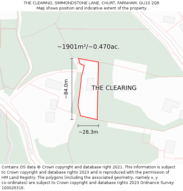 THE CLEARING, SIMMONDSTONE LANE, CHURT, FARNHAM, GU10 2QR: Plot and title map