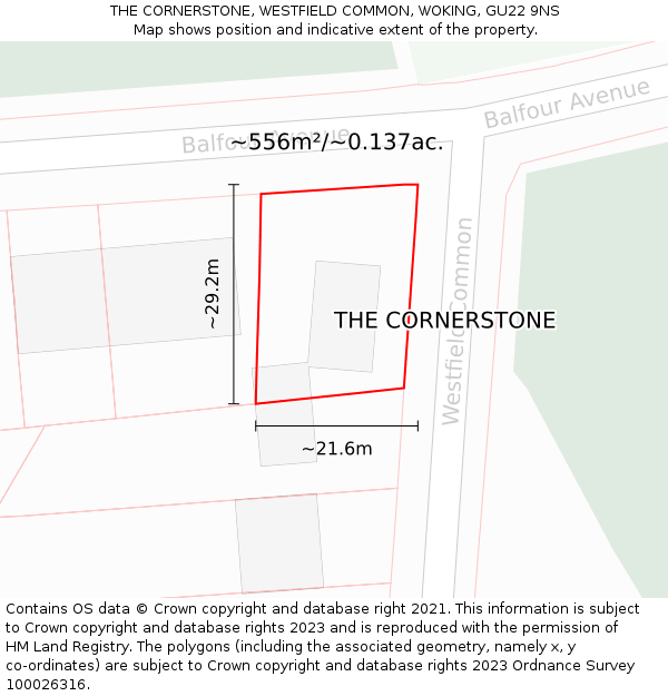 THE CORNERSTONE, WESTFIELD COMMON, WOKING, GU22 9NS: Plot and title map