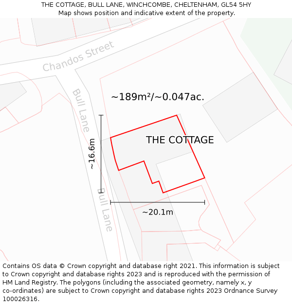 THE COTTAGE, BULL LANE, WINCHCOMBE, CHELTENHAM, GL54 5HY: Plot and title map