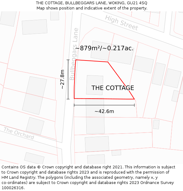 THE COTTAGE, BULLBEGGARS LANE, WOKING, GU21 4SQ: Plot and title map