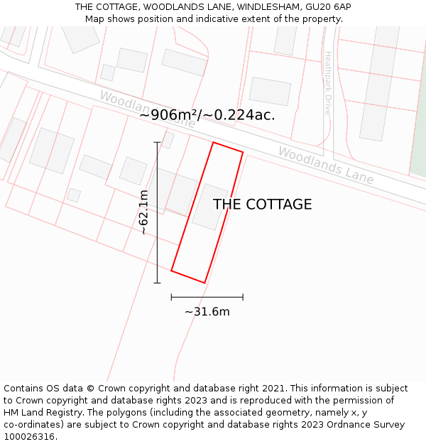 THE COTTAGE, WOODLANDS LANE, WINDLESHAM, GU20 6AP: Plot and title map