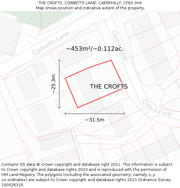 THE CROFTS, CORBETTS LANE, CAERPHILLY, CF83 3HX: Plot and title map