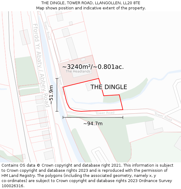 THE DINGLE, TOWER ROAD, LLANGOLLEN, LL20 8TE: Plot and title map