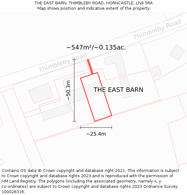 THE EAST BARN, THIMBLEBY ROAD, HORNCASTLE, LN9 5RA: Plot and title map