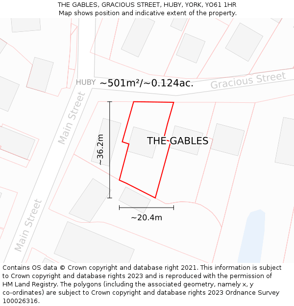 THE GABLES, GRACIOUS STREET, HUBY, YORK, YO61 1HR: Plot and title map